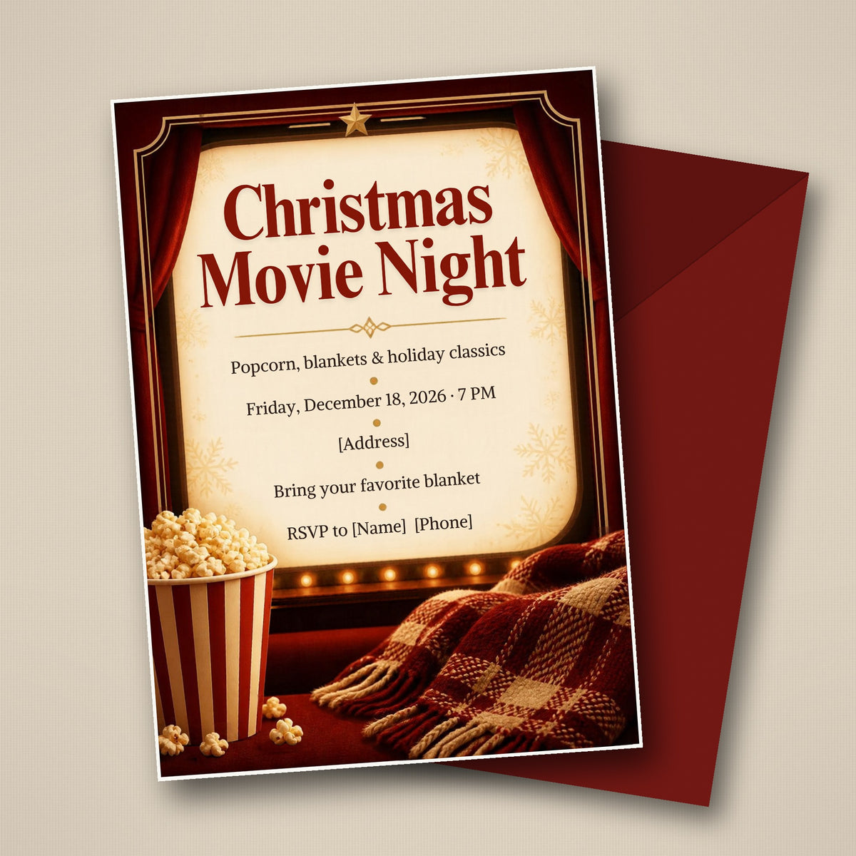 Christmas Movie Night Invitation – Editable Canva Template