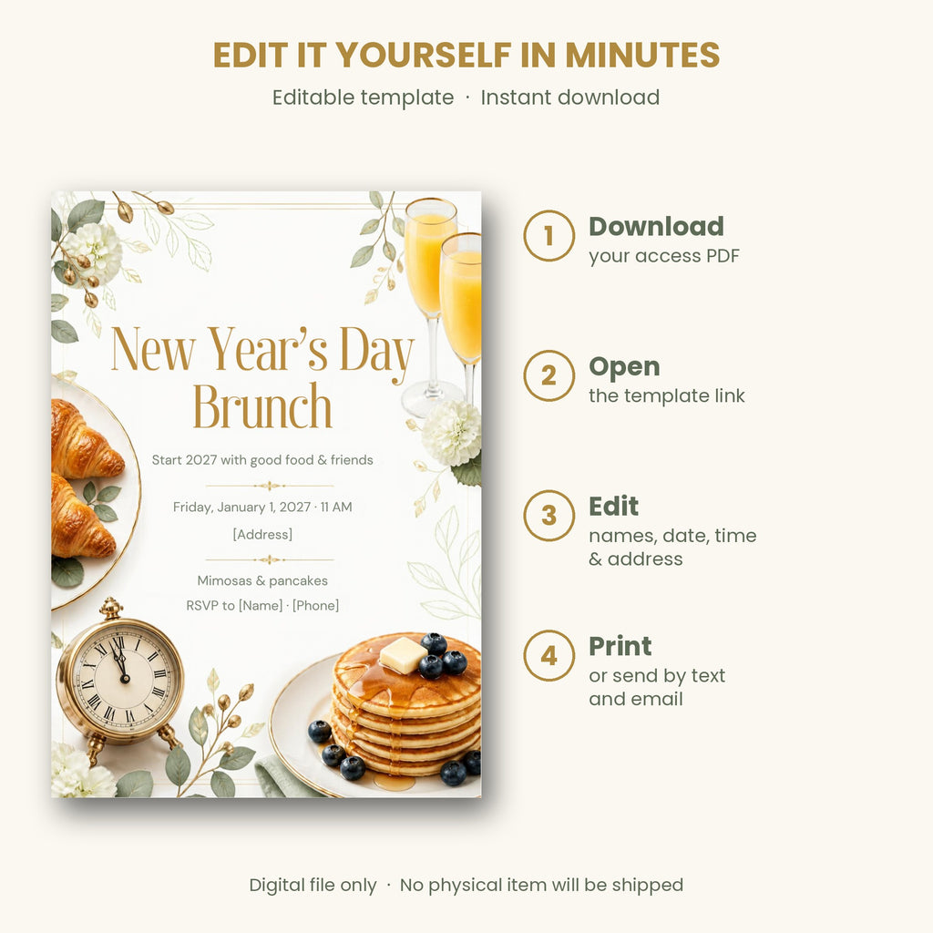 New Year's Day Brunch Invitation – Editable Canva Template