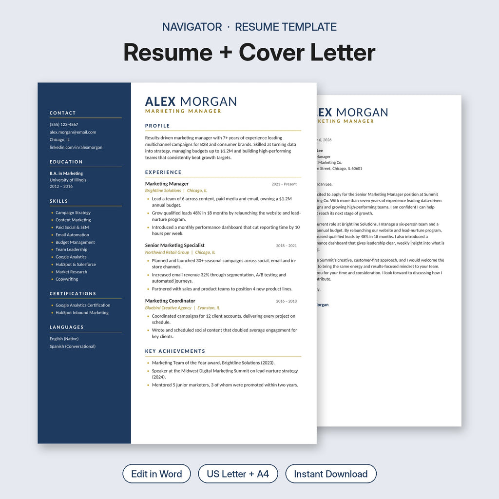 Navigator resume template and cover letter – navy sidebar two-column editable Word resume