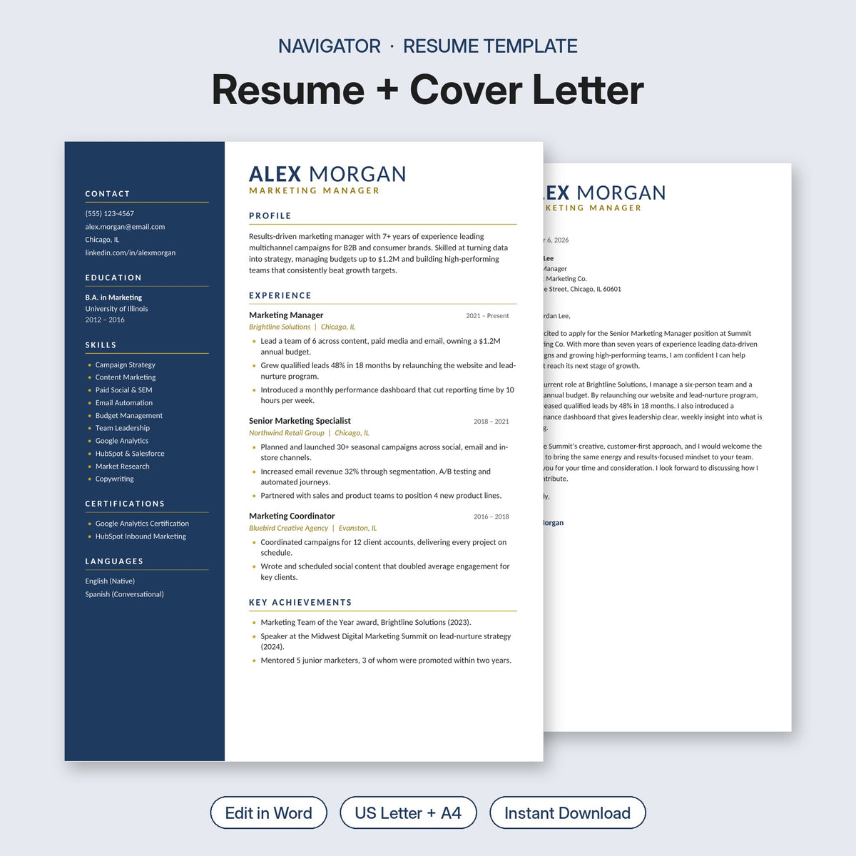 Navigator resume template and cover letter – navy sidebar two-column editable Word resume