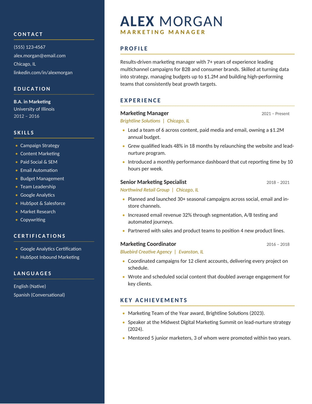 Navigator one-page resume template with navy sidebar and gold accents