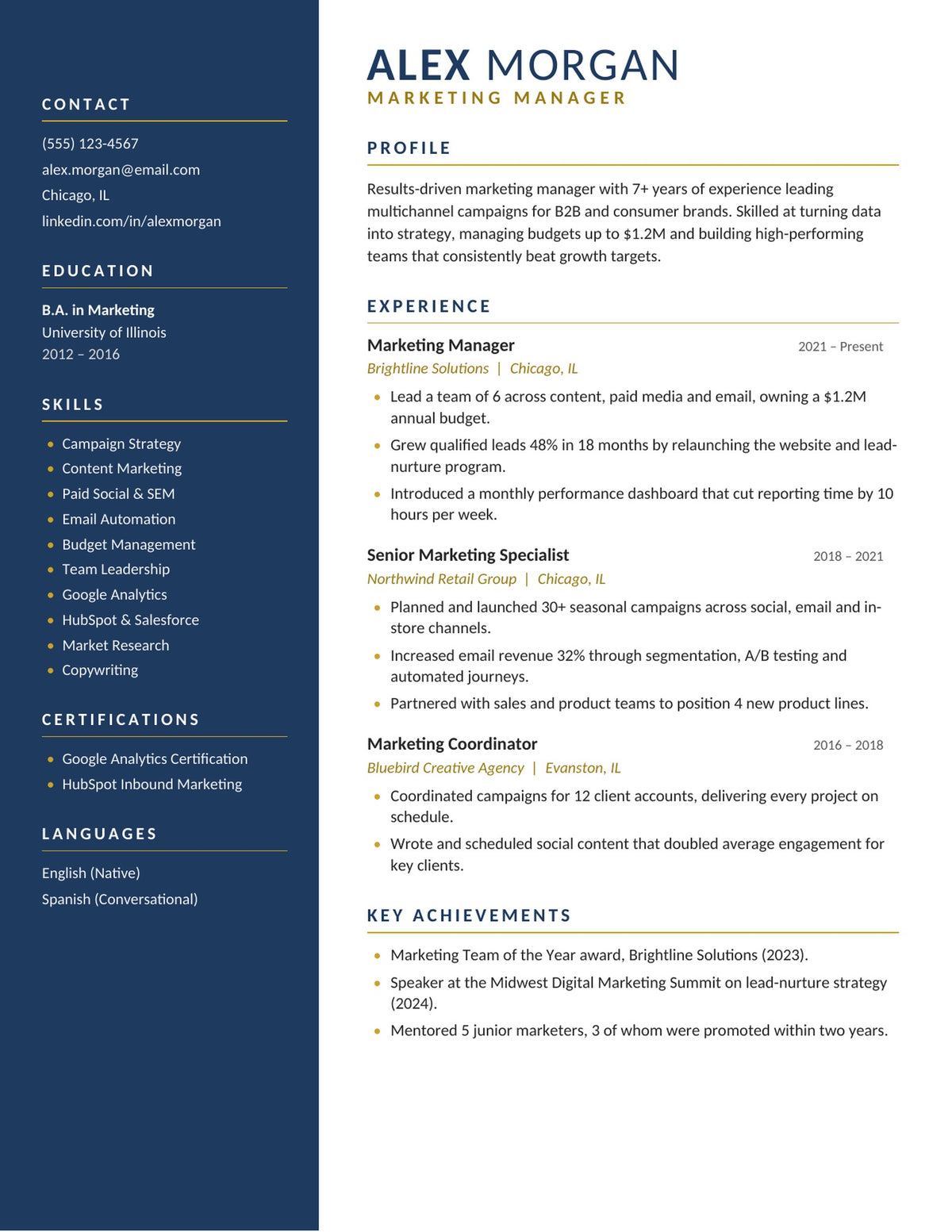 Navigator one-page resume template with navy sidebar and gold accents
