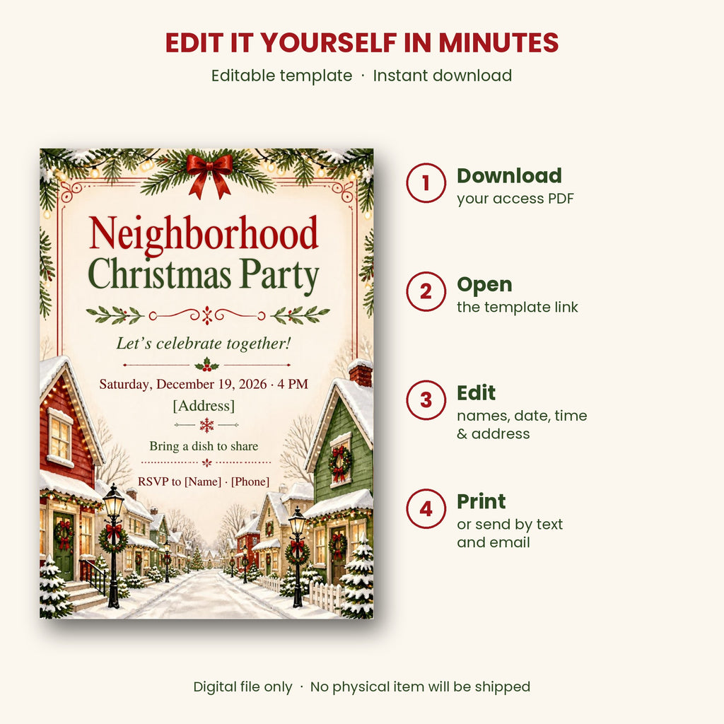 Neighborhood Christmas Party Invitation – Editable Canva Template