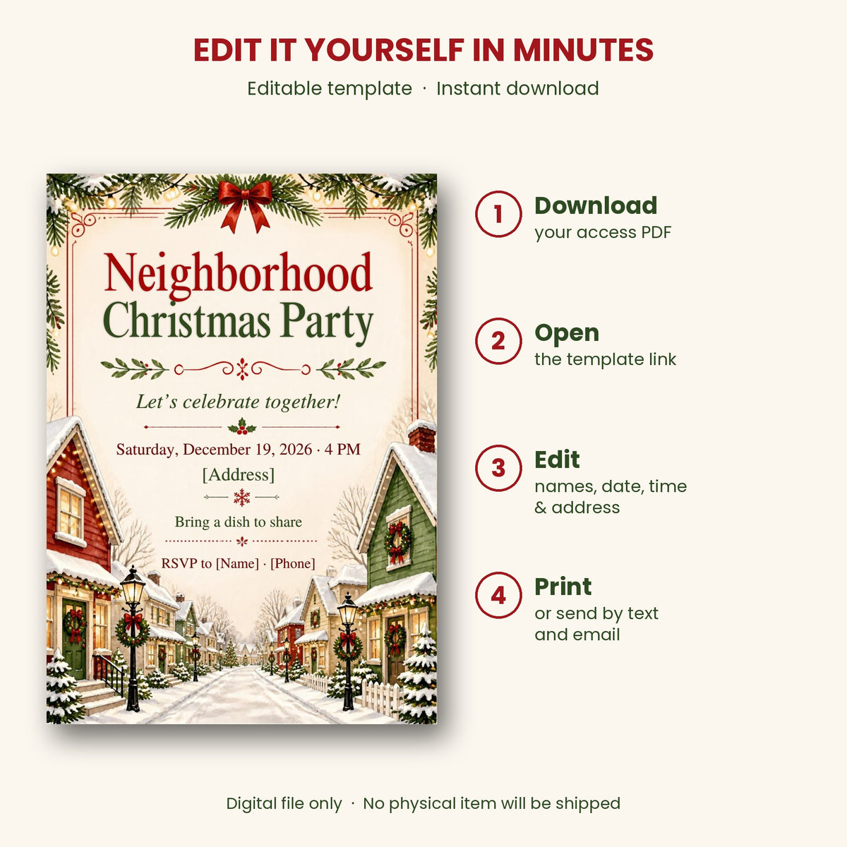 Neighborhood Christmas Party Invitation – Editable Canva Template