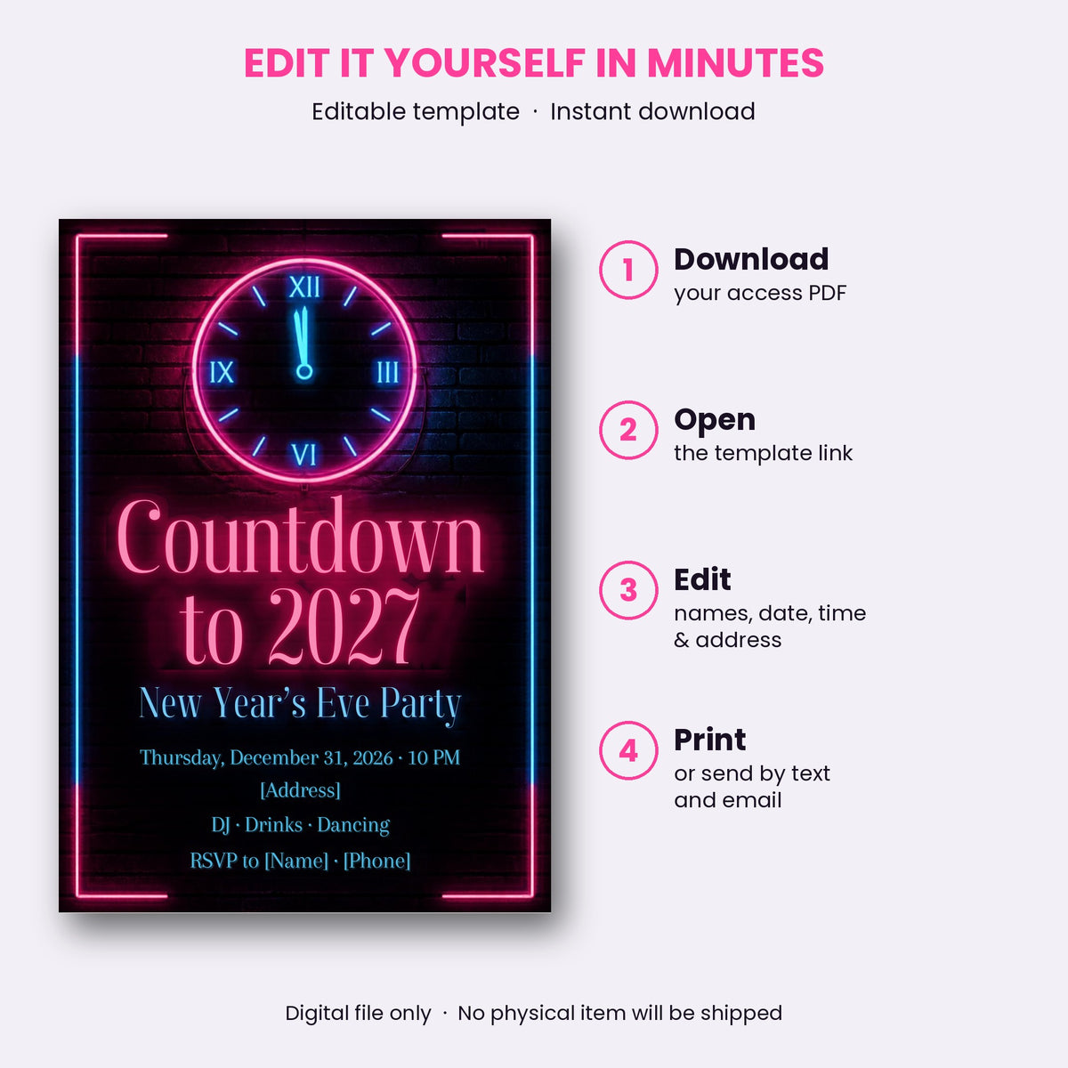 Neon Countdown to 2027 New Year's Eve Party Invitation – Editable Canva Template