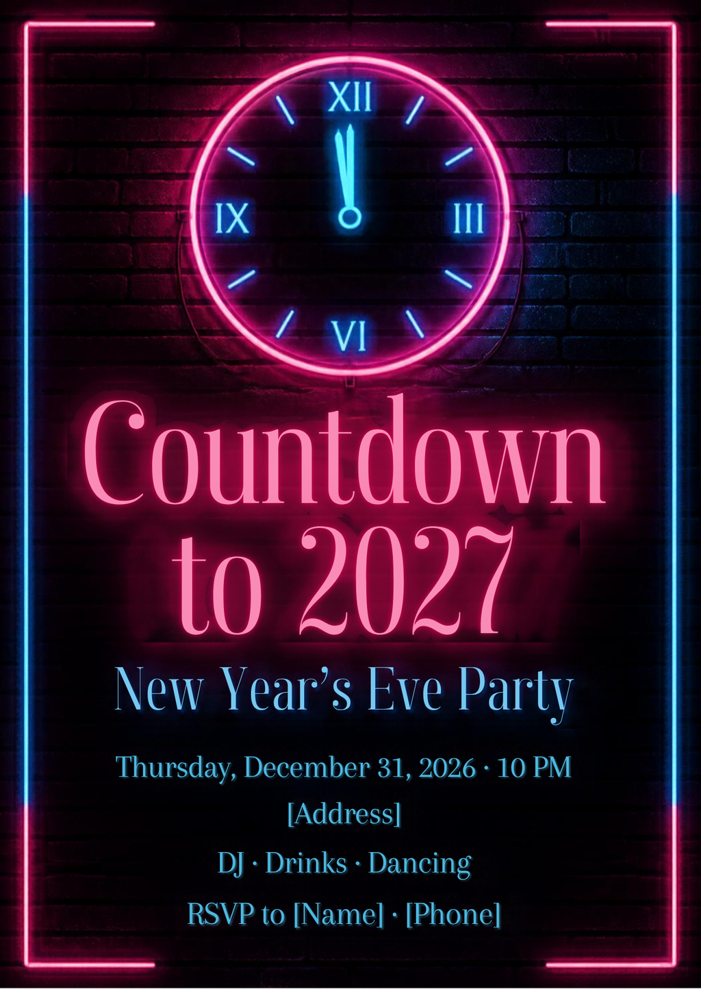 Neon Countdown to 2027 New Year's Eve Party Invitation – Editable Canva Template