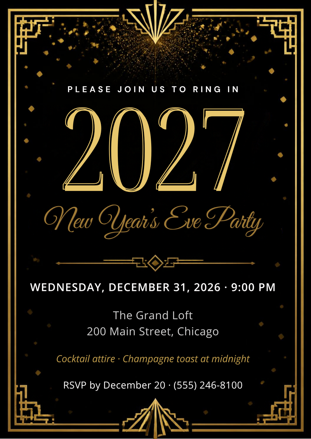 Editable Canva New Year's Eve party invitation template, black and gold art deco, 5x7