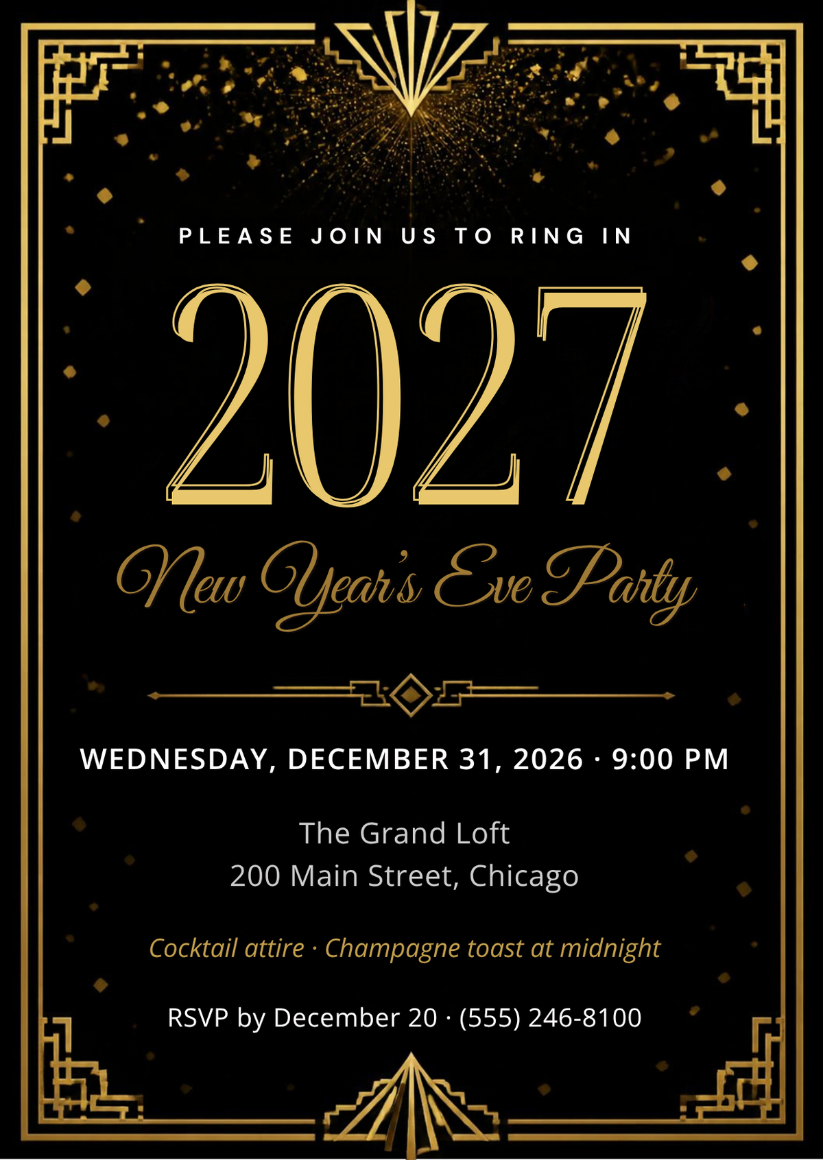 Editable Canva New Year's Eve party invitation template, black and gold art deco, 5x7
