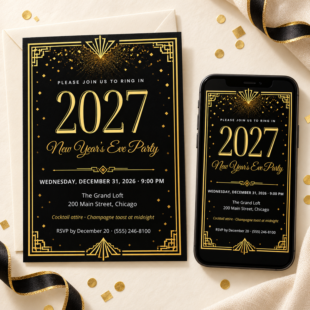 Black and gold art deco New Year's Eve party invitation 2027, shown as printed card and on phone