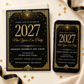 Black and gold art deco New Year's Eve party invitation 2027, shown as printed card and on phone
