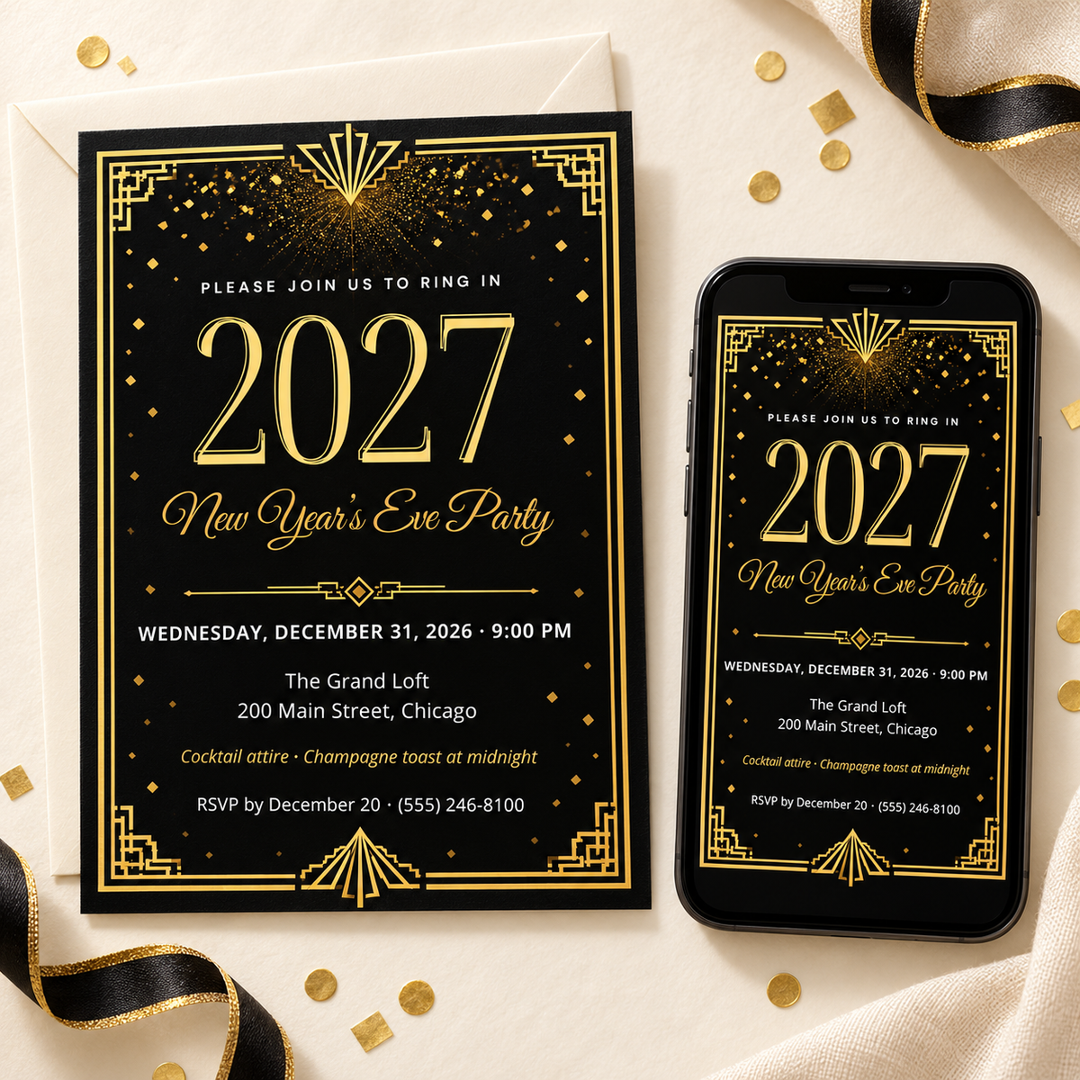 Black and gold art deco New Year's Eve party invitation 2027, shown as printed card and on phone
