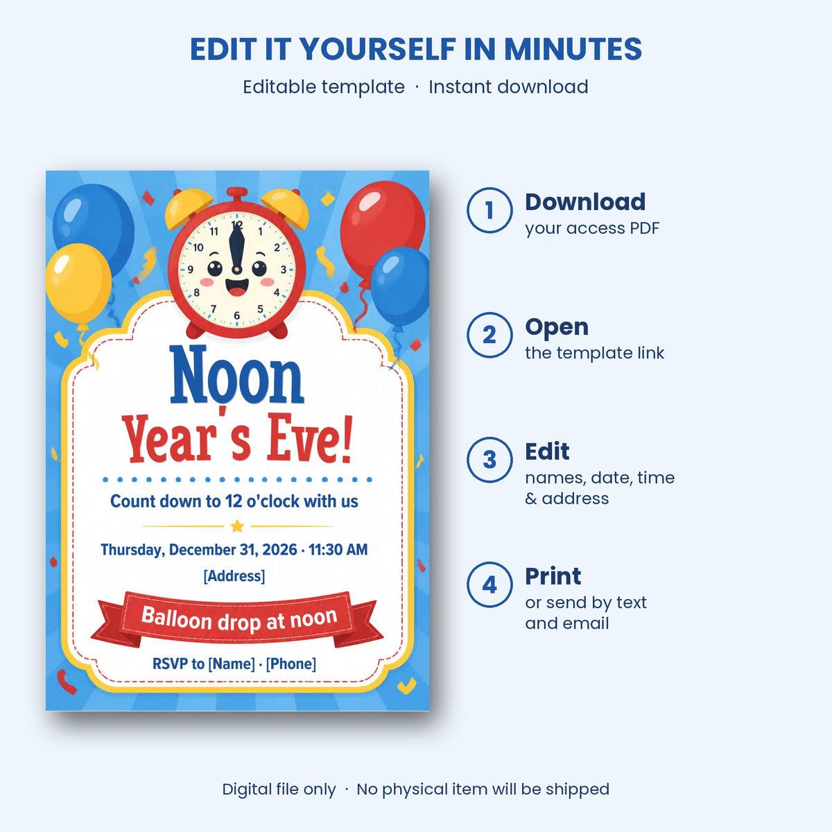 Noon Year's Eve Kids Party Invitation – Editable Canva Template