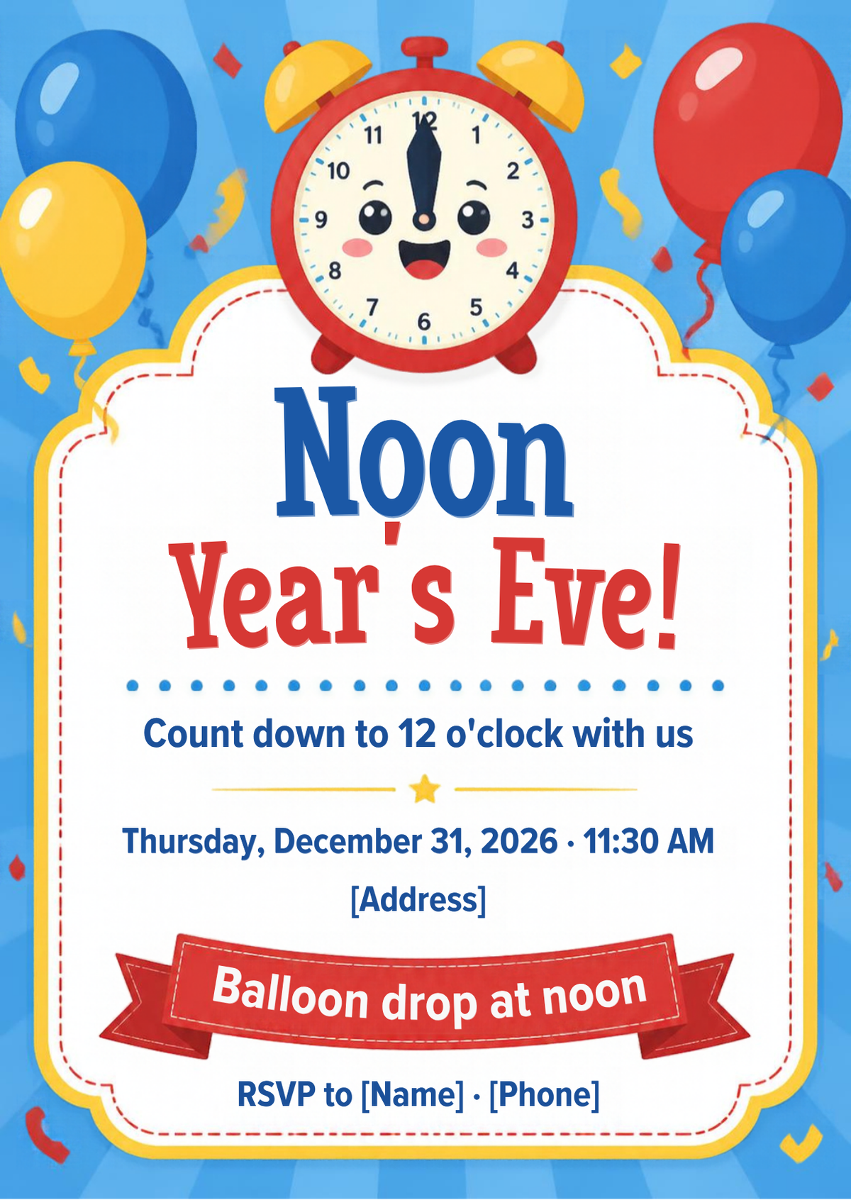Noon Year's Eve Kids Party Invitation – Editable Canva Template