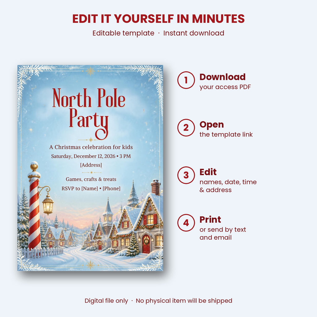 North Pole Kids Christmas Party Invitation – Editable Canva Template