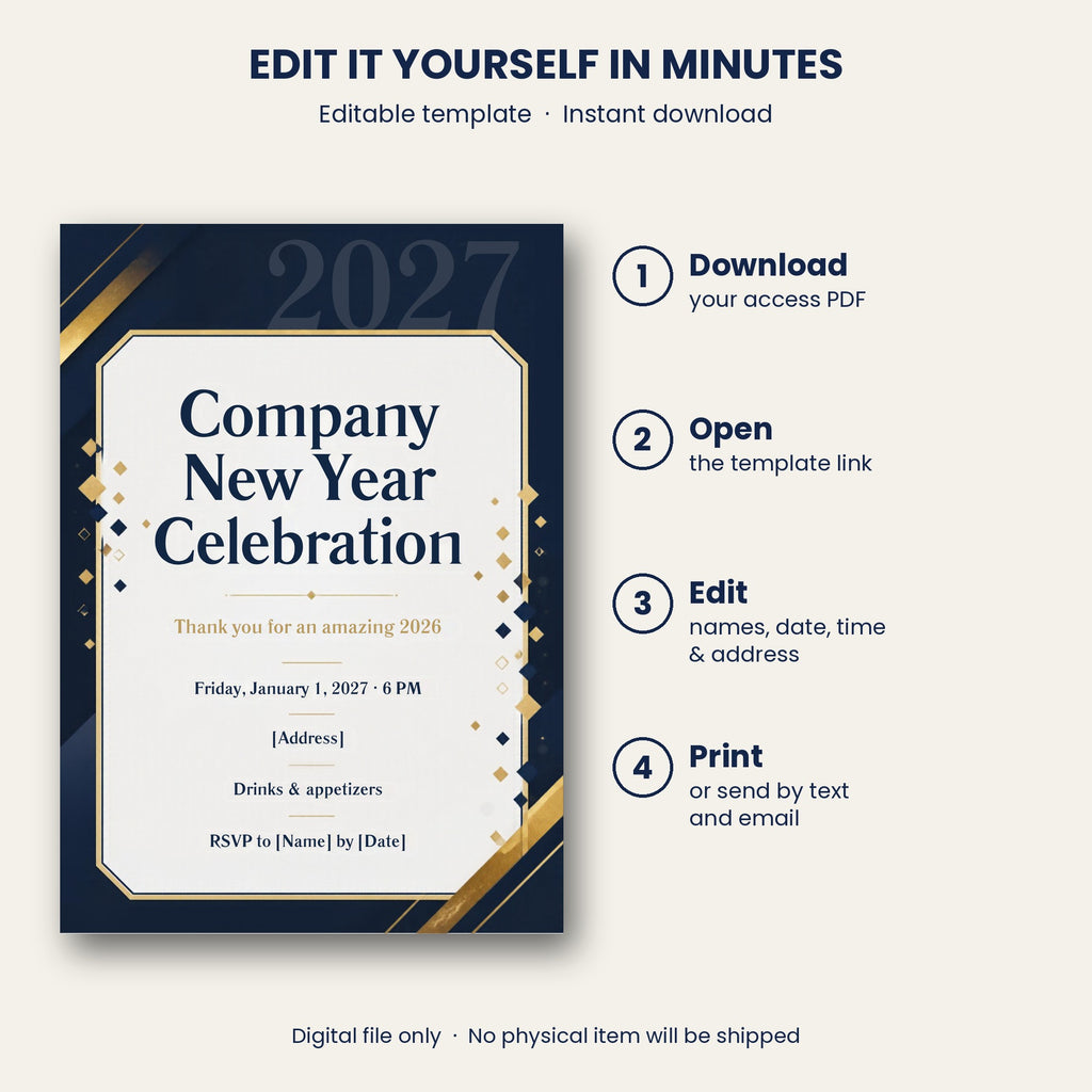 Company New Year Celebration Office Party Invitation – Editable Canva Template