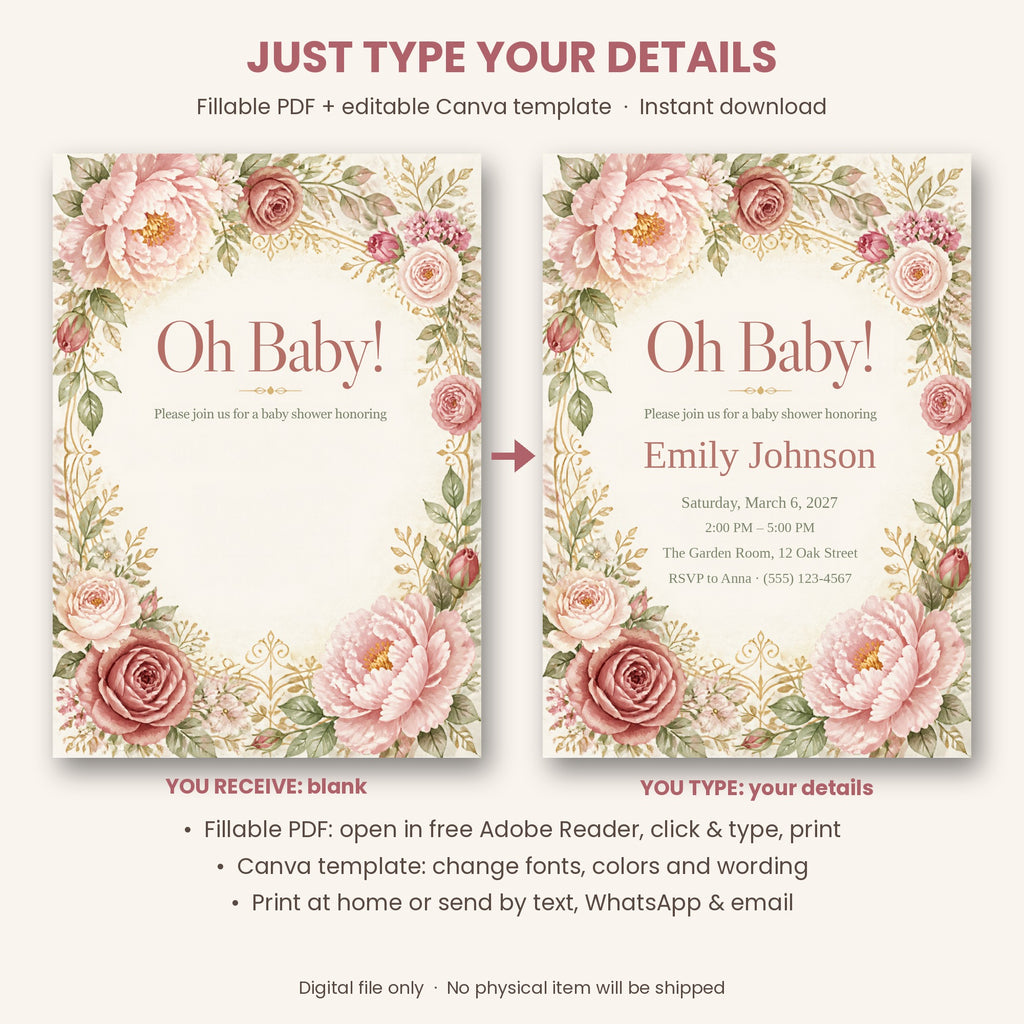 Oh Baby Floral Baby Shower Invitation – Fillable PDF & Editable Canva Template