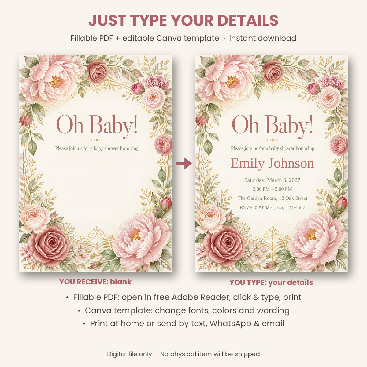 Oh Baby Floral Baby Shower Invitation – Fillable PDF & Editable Canva Template