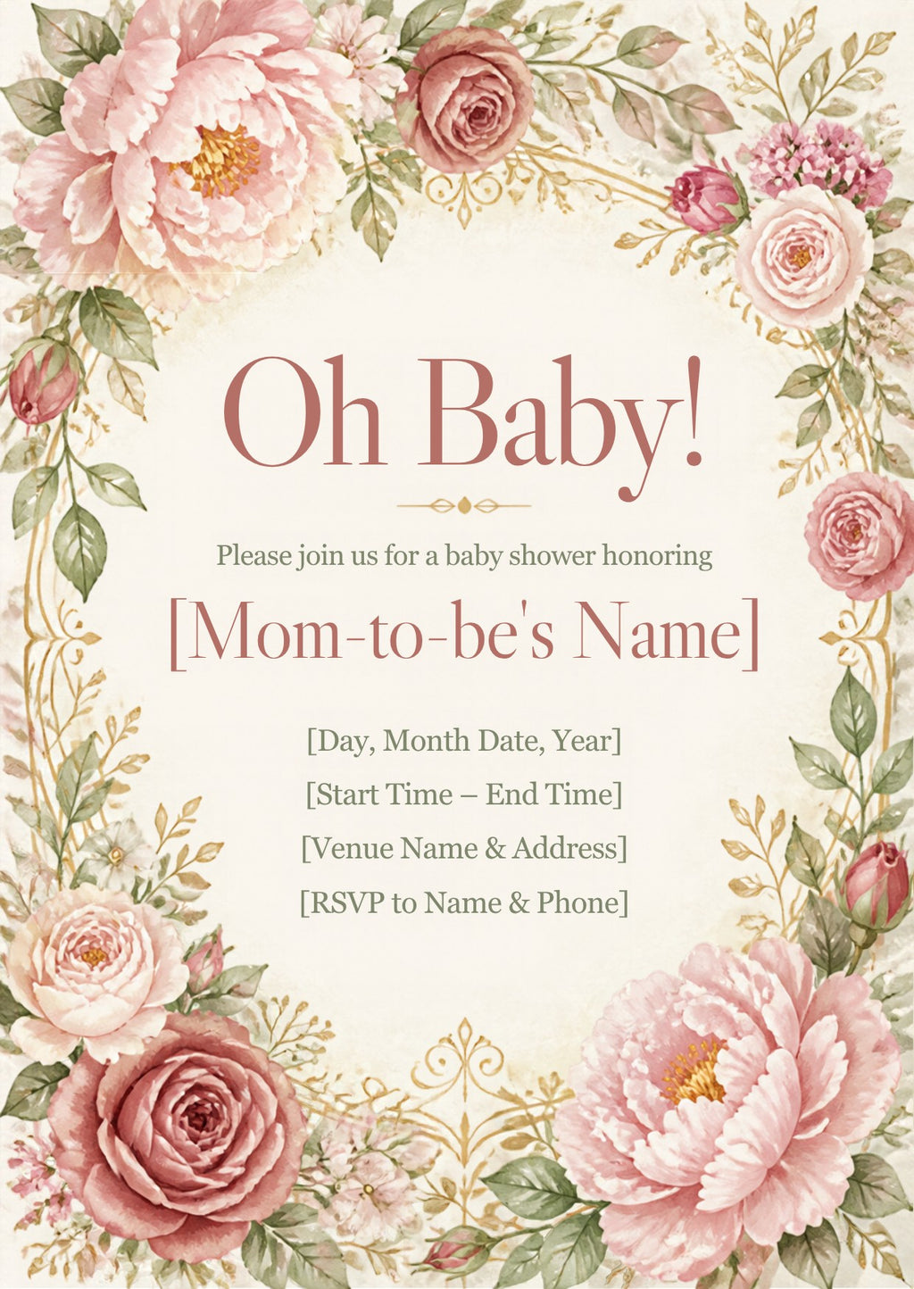 Oh Baby Floral Baby Shower Invitation – Fillable PDF & Editable Canva Template
