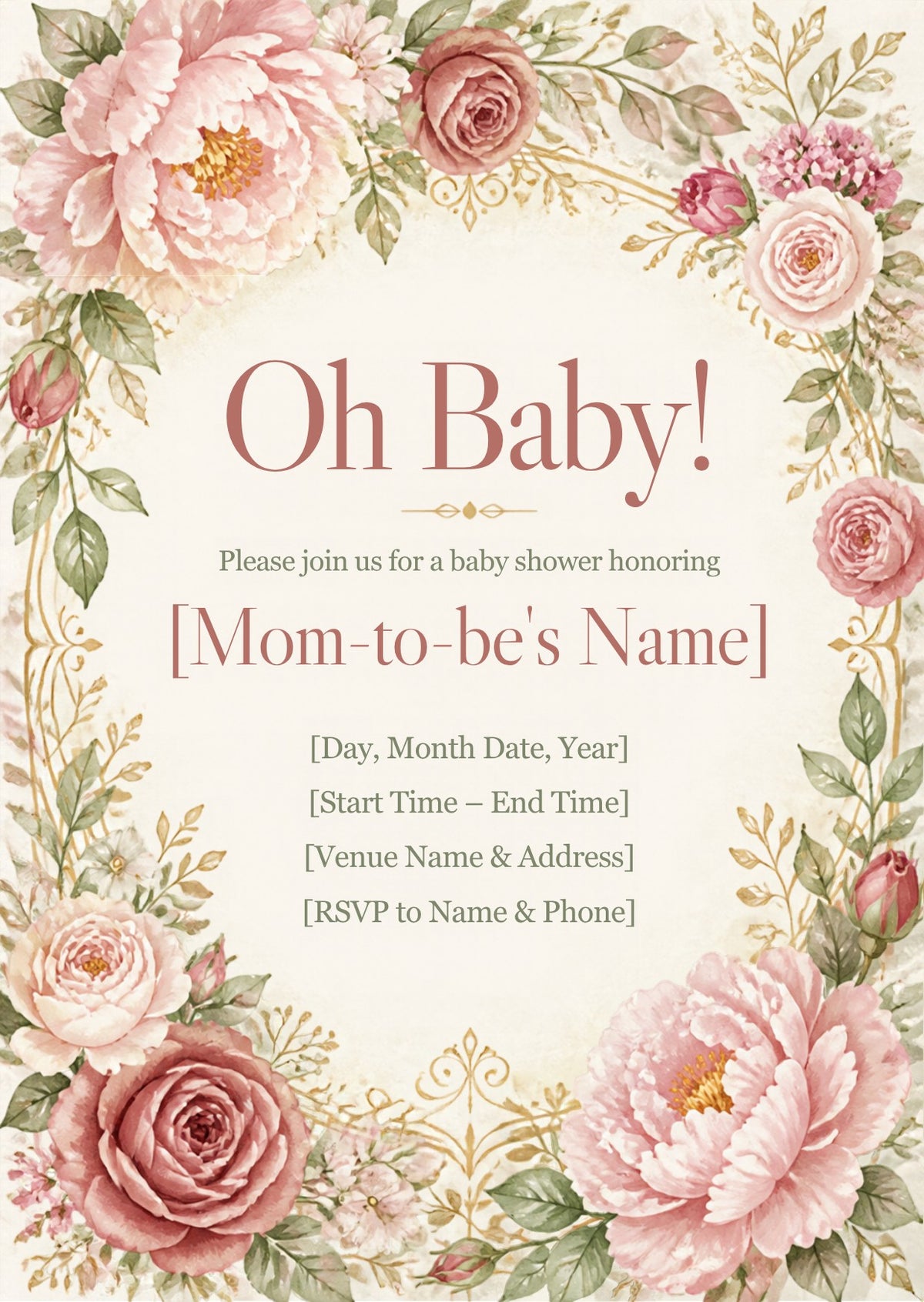 Oh Baby Floral Baby Shower Invitation – Fillable PDF & Editable Canva Template
