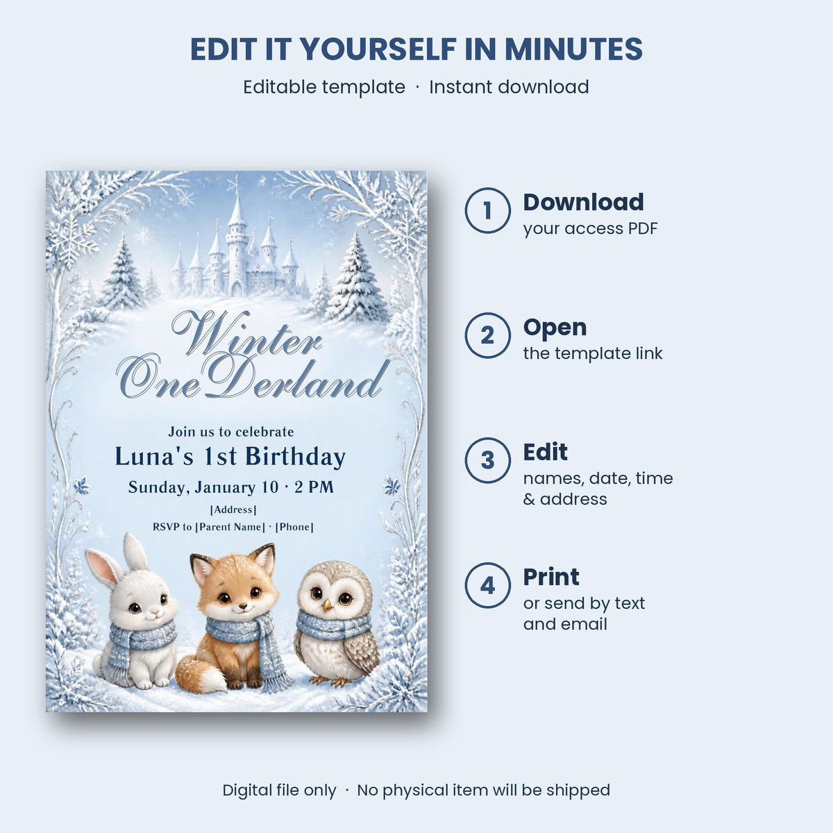 Winter Onederland 1st Birthday Invitation – Editable Canva Template