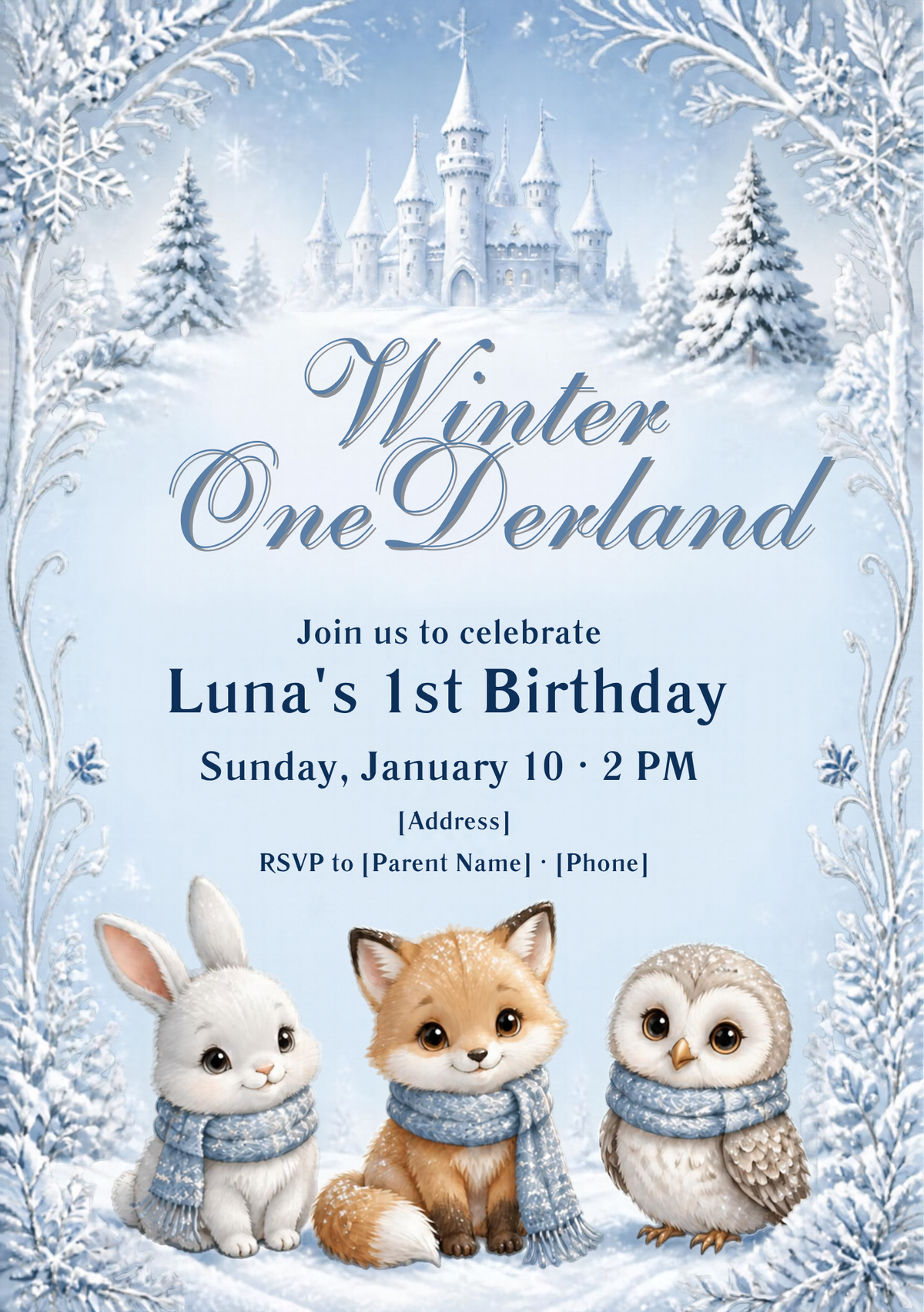 Winter Onederland 1st Birthday Invitation – Editable Canva Template