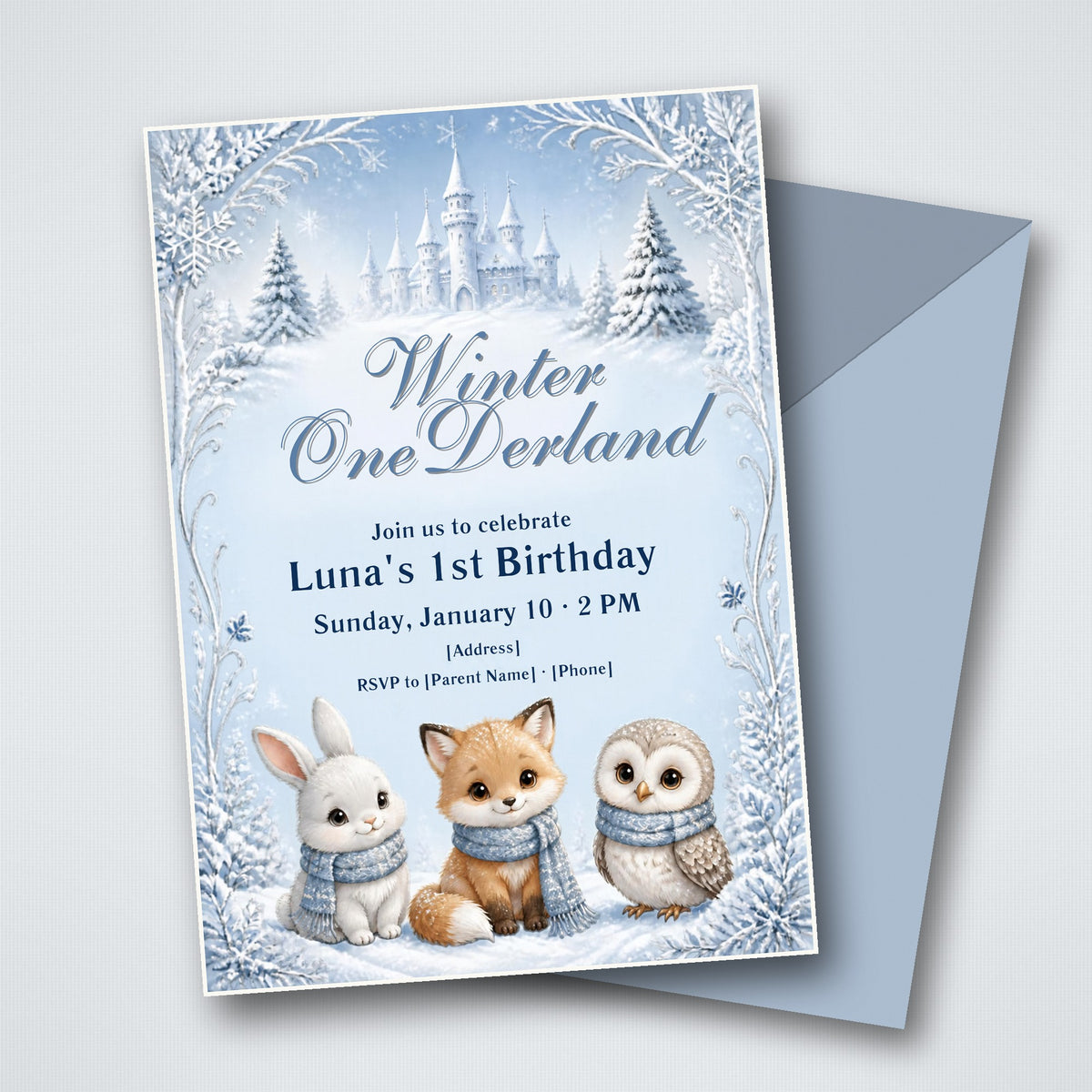 Winter Onederland 1st Birthday Invitation – Editable Canva Template