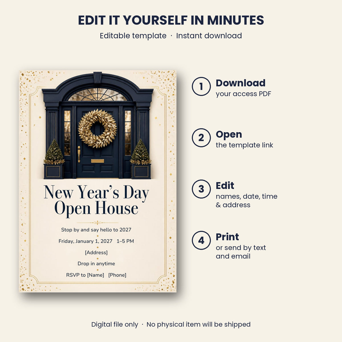 New Year's Day Open House Invitation – Editable Canva Template