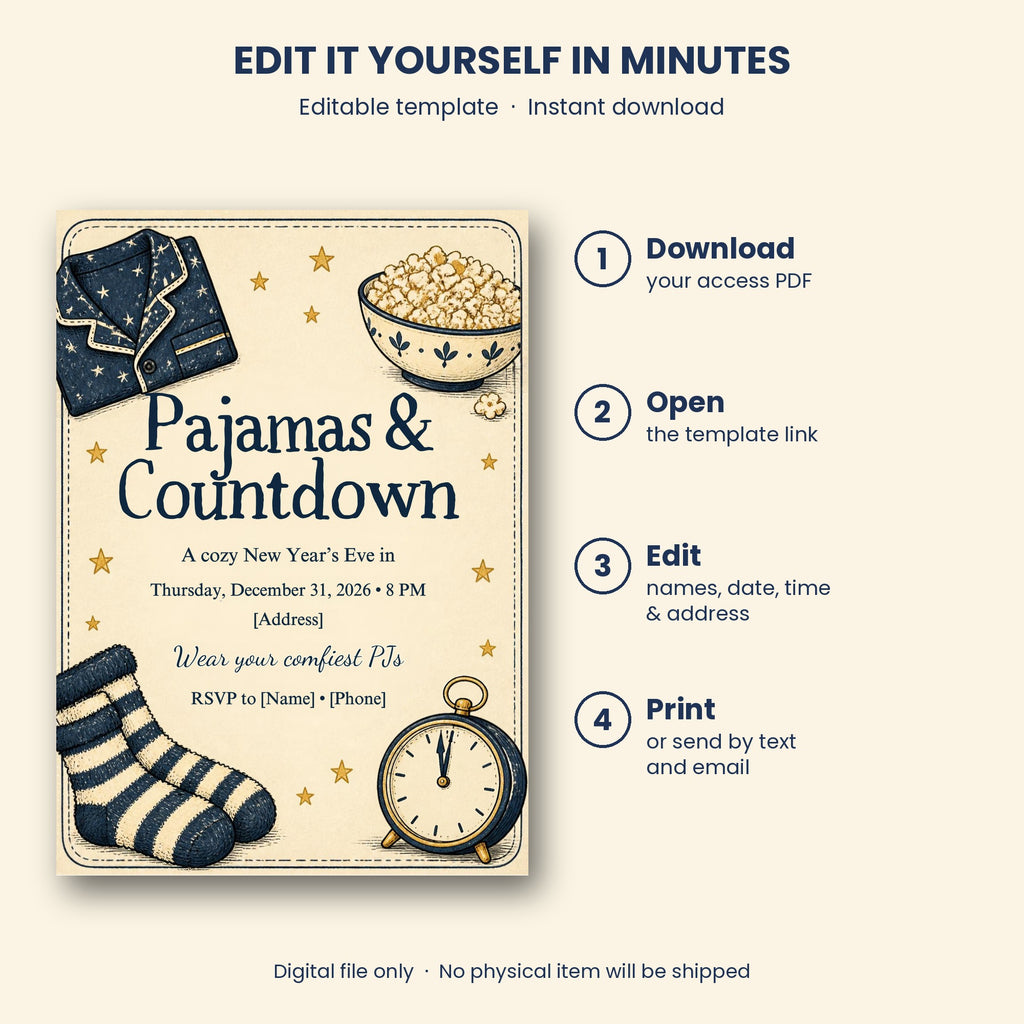Pajamas & Countdown Cozy New Year's Eve Invitation – Editable Canva Template