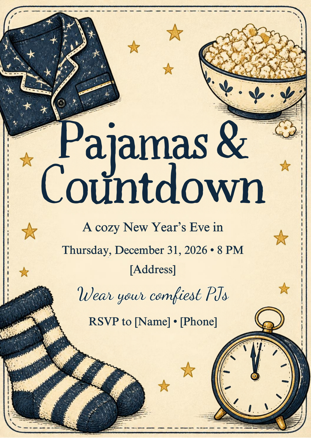 Pajamas & Countdown Cozy New Year's Eve Invitation – Editable Canva Template