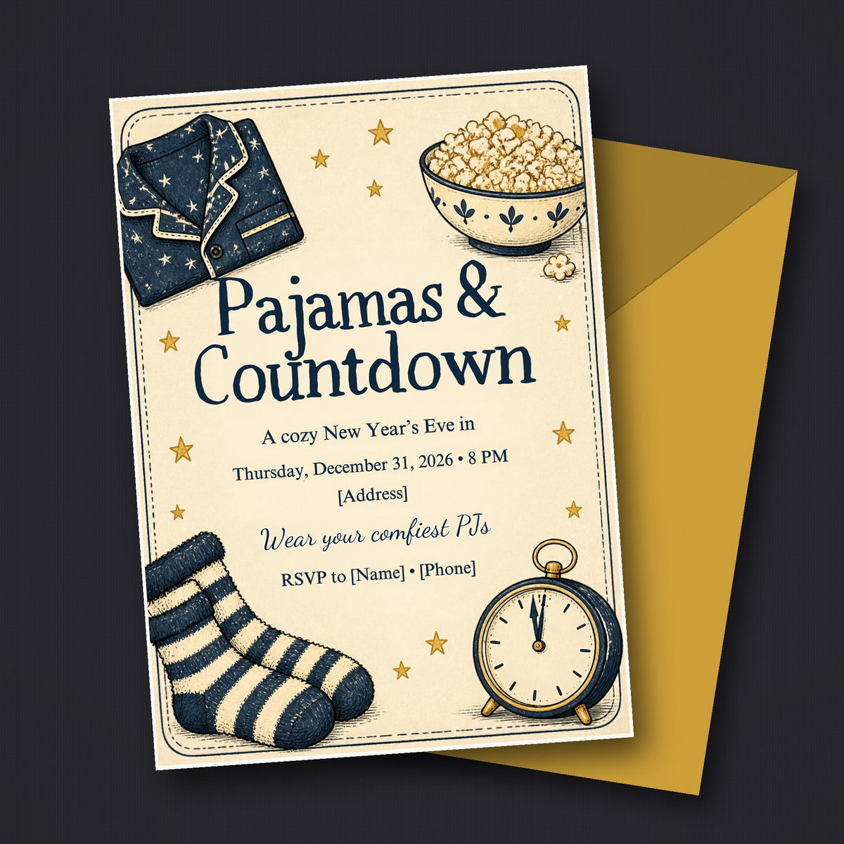 Pajamas & Countdown Cozy New Year's Eve Invitation – Editable Canva Template