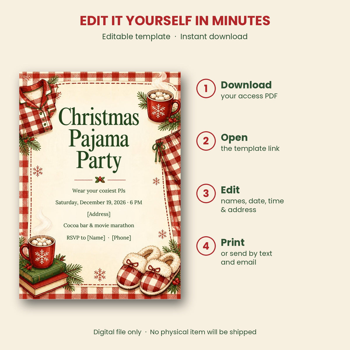 Christmas Pajama Party Invitation – Editable Canva Template