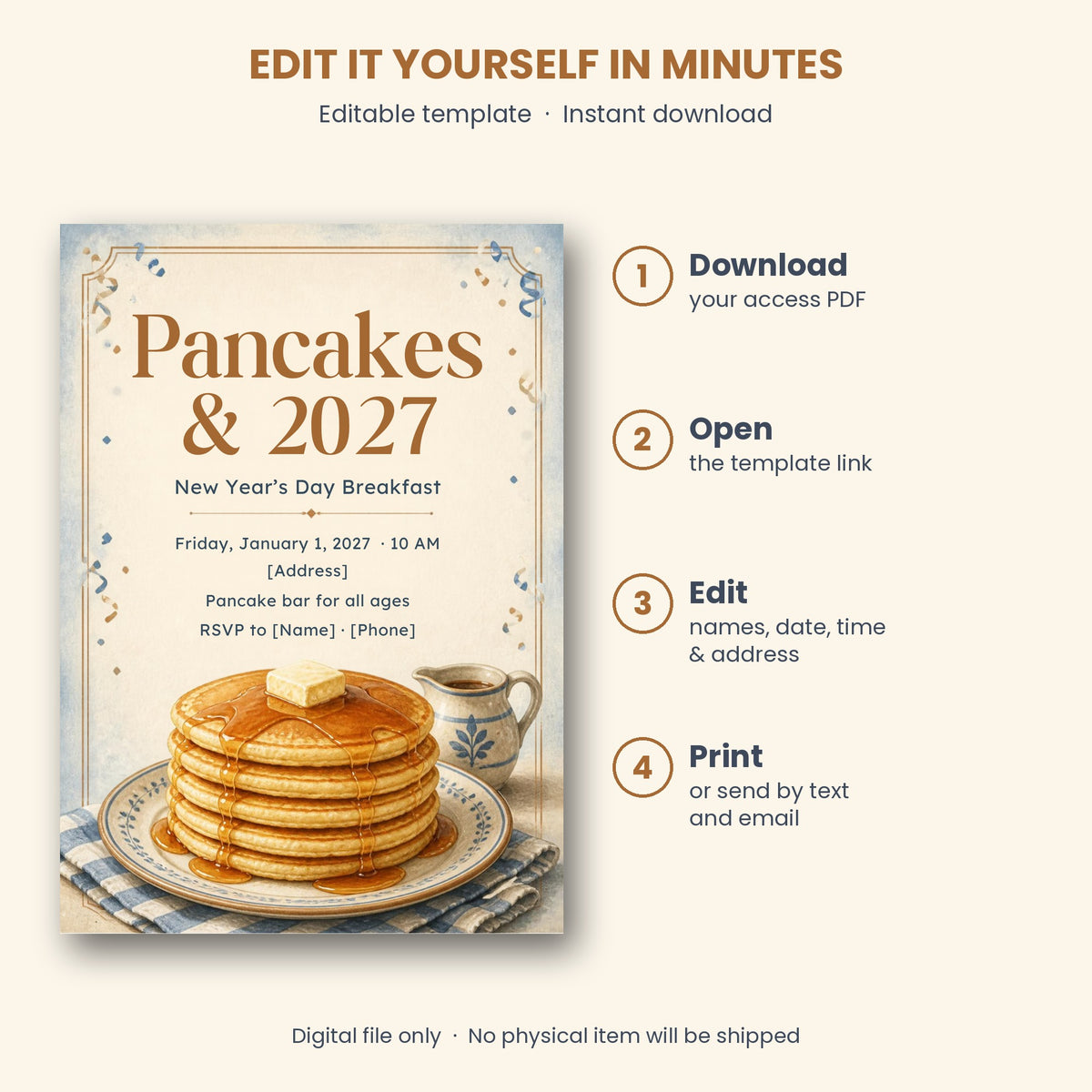 Pancakes & 2027 New Year's Day Breakfast Invitation – Editable Canva Template