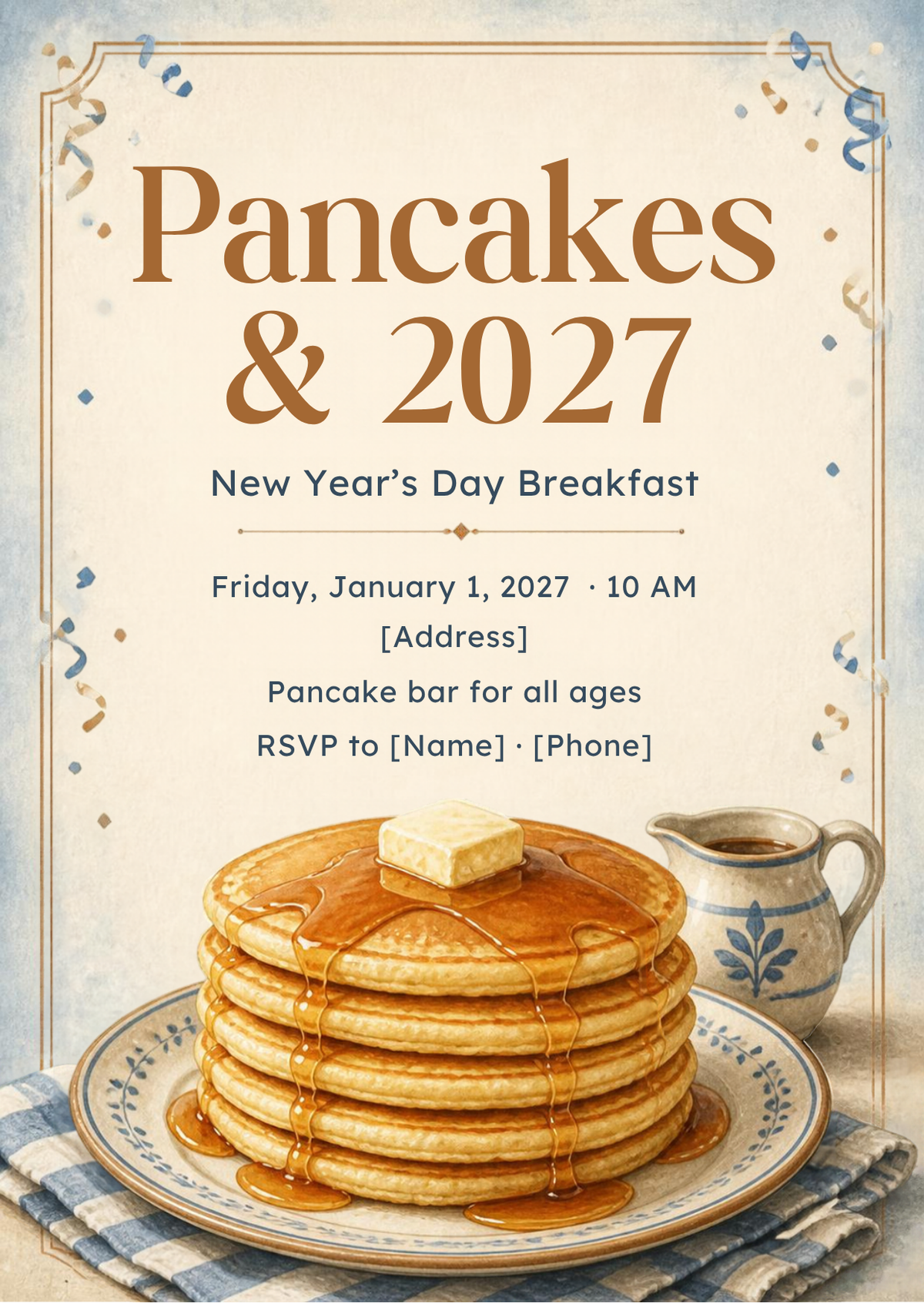 Pancakes & 2027 New Year's Day Breakfast Invitation – Editable Canva Template