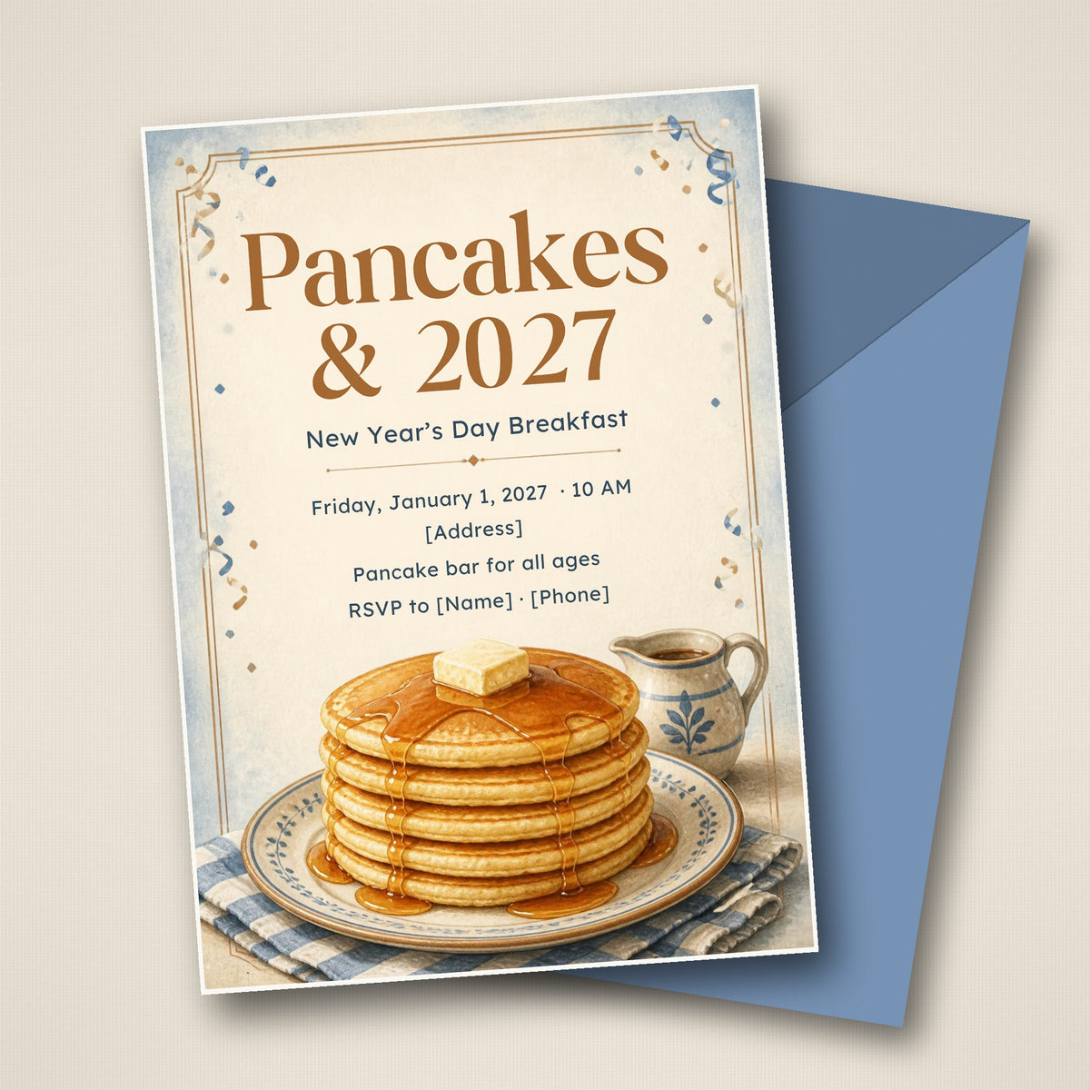 Pancakes & 2027 New Year's Day Breakfast Invitation – Editable Canva Template