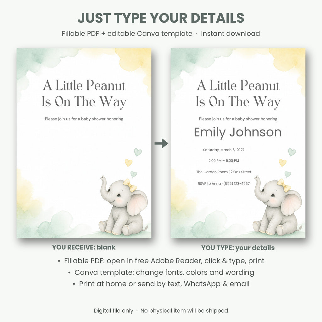 Little Peanut Elephant Baby Shower Invitation – Fillable PDF & Editable Canva Template