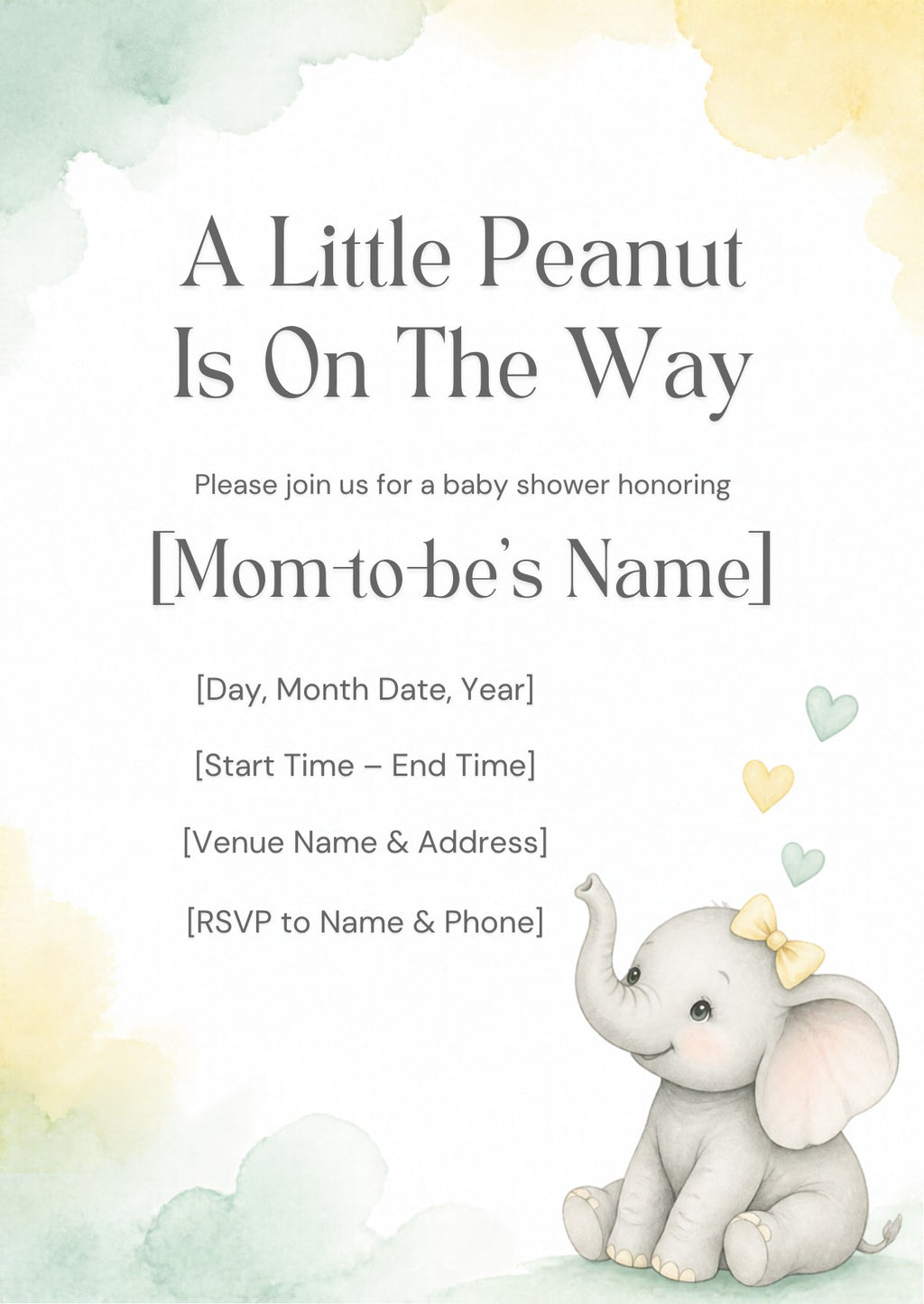 Little Peanut Elephant Baby Shower Invitation – Fillable PDF & Editable Canva Template