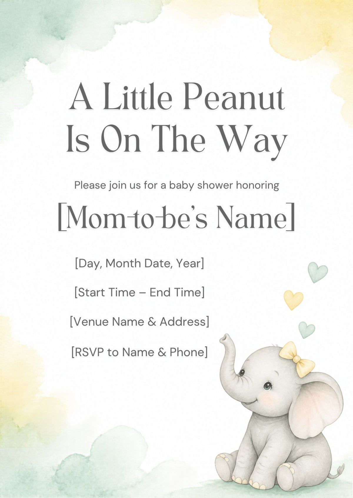 Little Peanut Elephant Baby Shower Invitation – Fillable PDF & Editable Canva Template