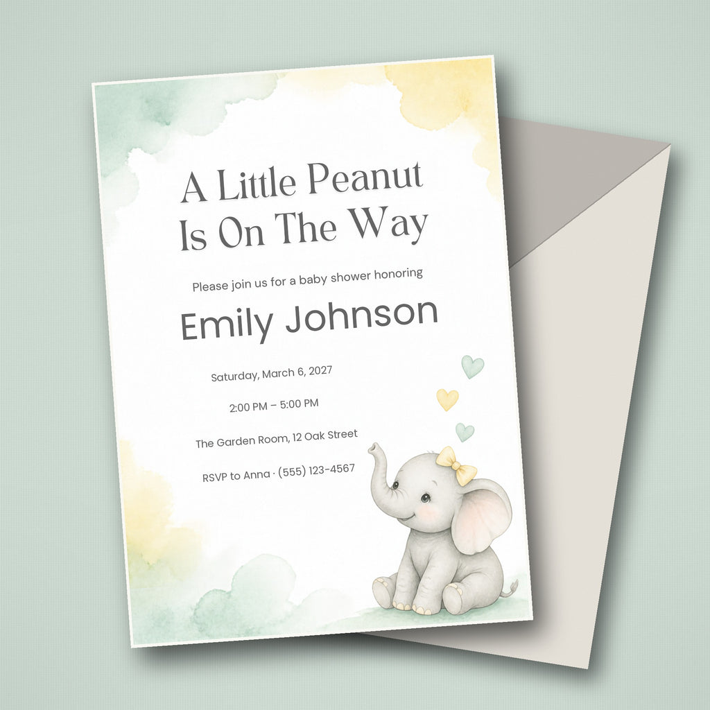 Little Peanut Elephant Baby Shower Invitation – Fillable PDF & Editable Canva Template
