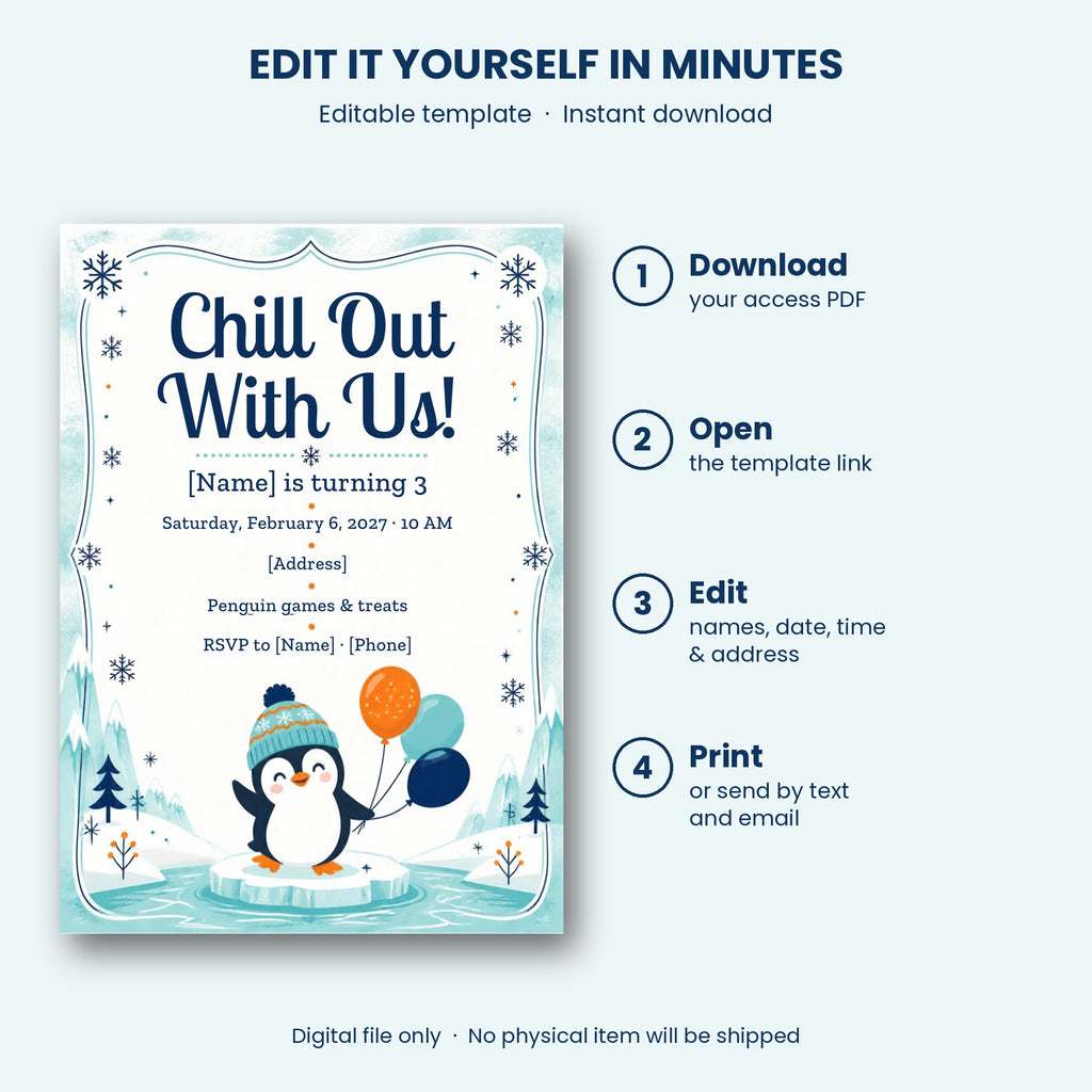 Penguin Winter Birthday Party Invitation – Editable Canva Template