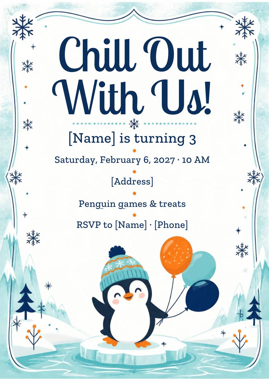 Penguin Winter Birthday Party Invitation – Editable Canva Template