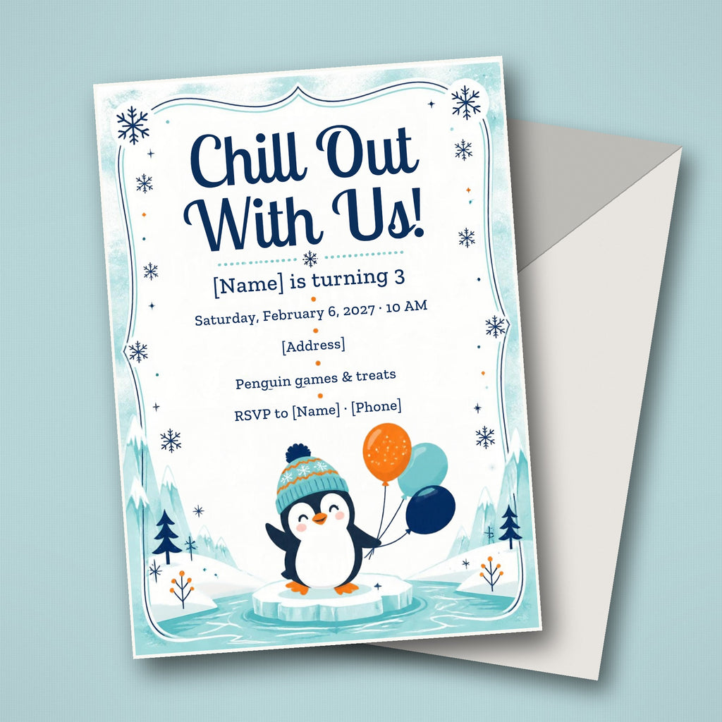 Penguin Winter Birthday Party Invitation – Editable Canva Template