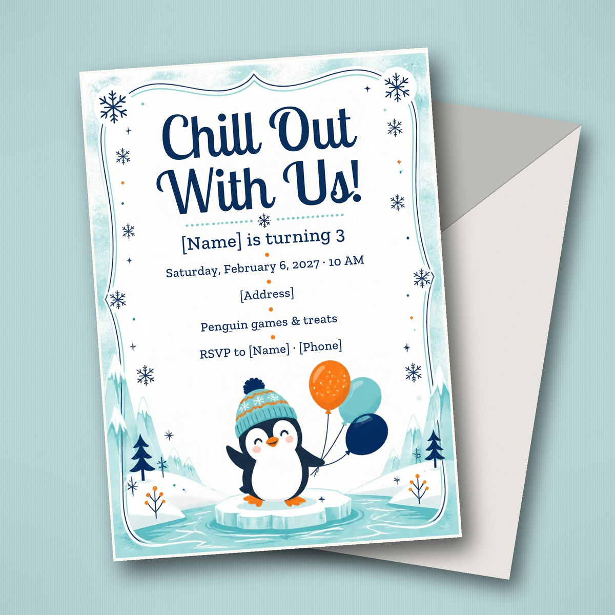 Penguin Winter Birthday Party Invitation – Editable Canva Template