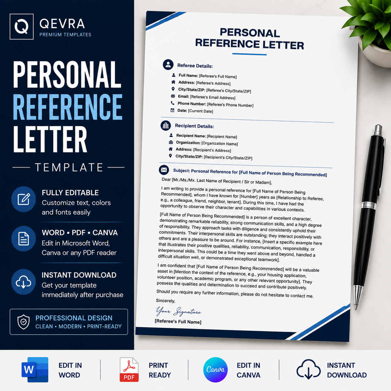 Personal Reference Letter Template | Editable Word, PDF & Canva