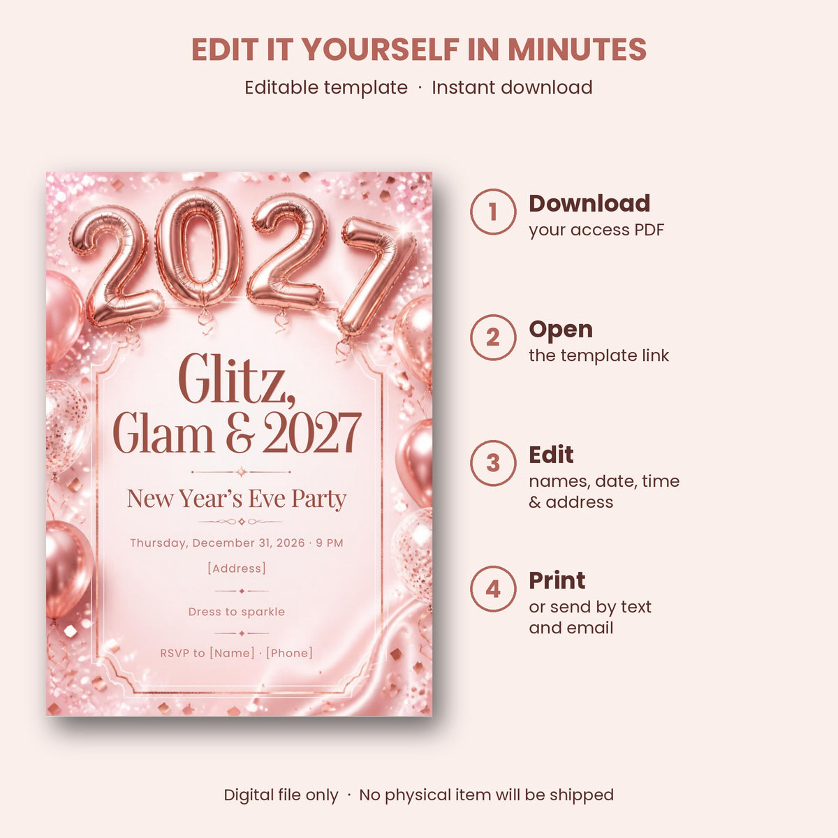 Pink & Rose Gold "Glitz, Glam & 2027" New Year's Eve Party Invitation – Editable Canva Template