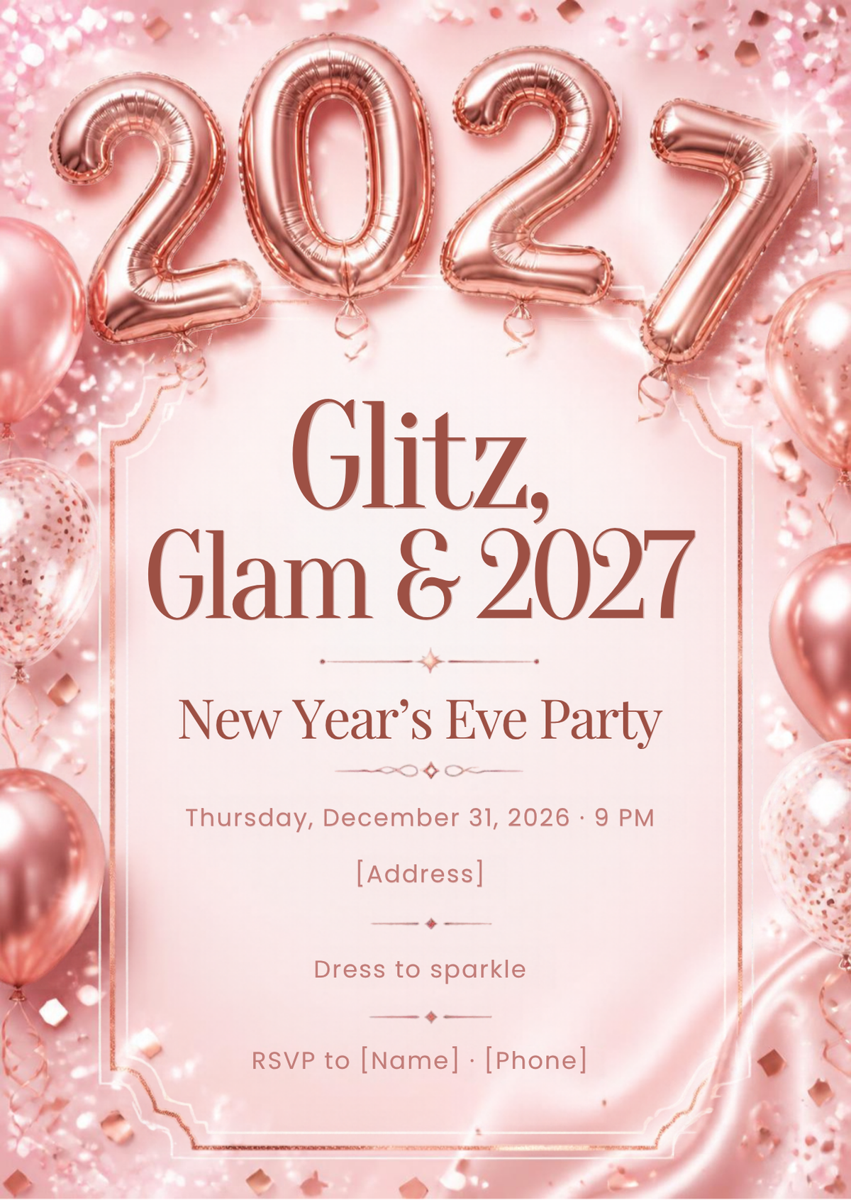 Pink & Rose Gold "Glitz, Glam & 2027" New Year's Eve Party Invitation – Editable Canva Template