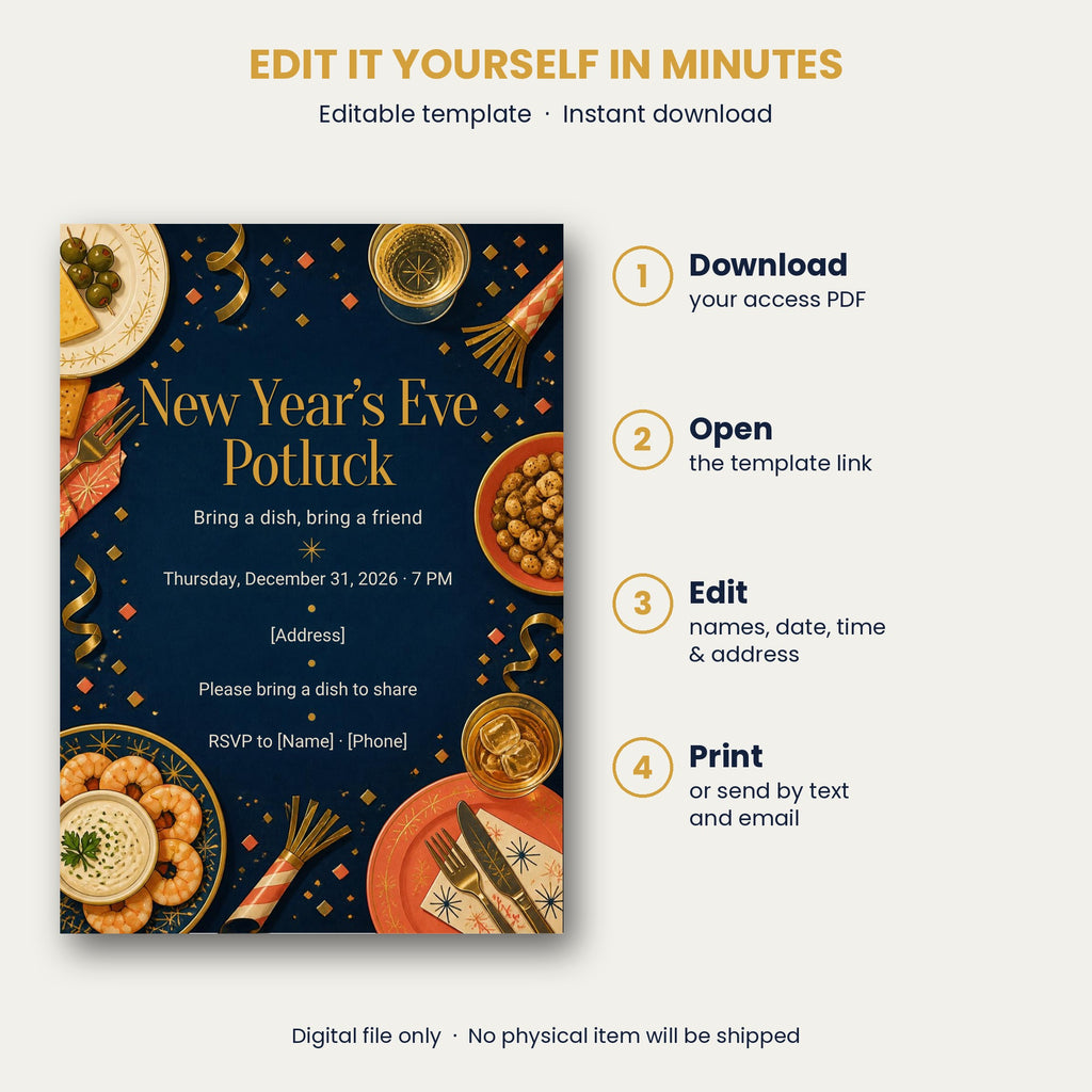 New Year's Eve Potluck Party Invitation – Editable Canva Template