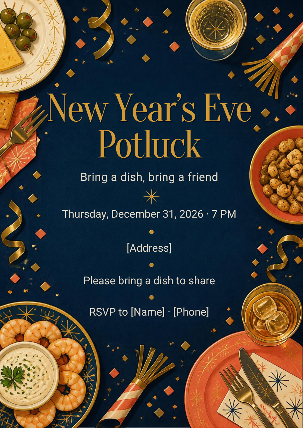 New Year's Eve Potluck Party Invitation – Editable Canva Template