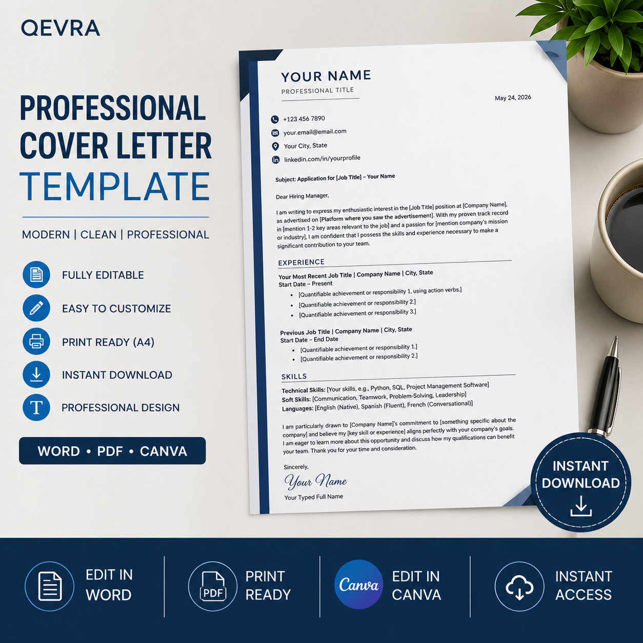Professional Cover Letter Template | Editable Word, PDF & Canva