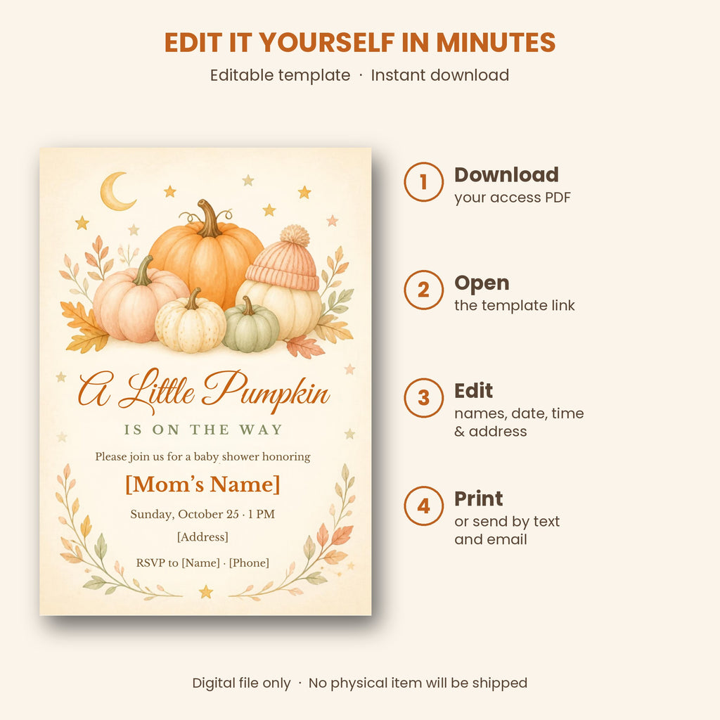 Little Pumpkin fall baby shower invitation – editable Canva template, watercolor pumpkins – preview 3