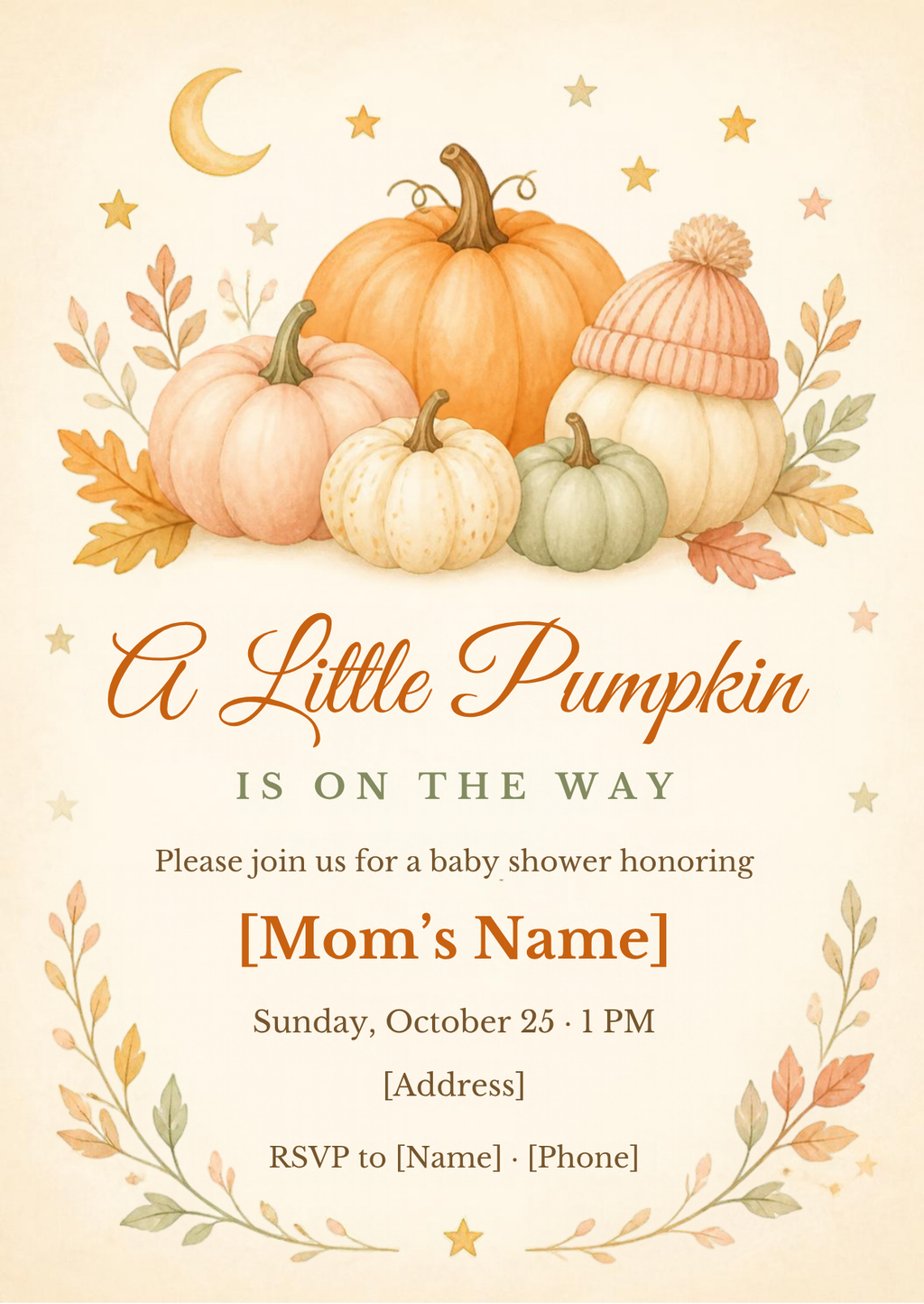 Little Pumpkin fall baby shower invitation – editable Canva template, watercolor pumpkins – preview 2
